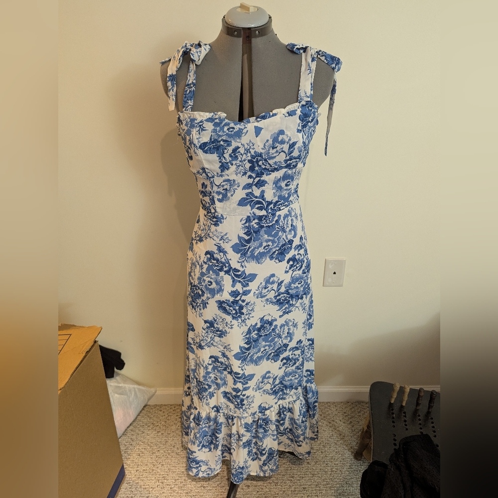 Blue and White Ruffled Maxi Sundress for Wedding Guest